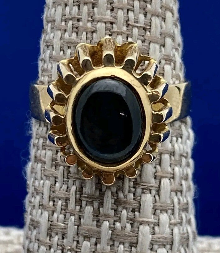 Vintage MCM 14k Yellow Gold Ring PMC Natural Black Cat Eye Gem 6.4 G Size 6.5
