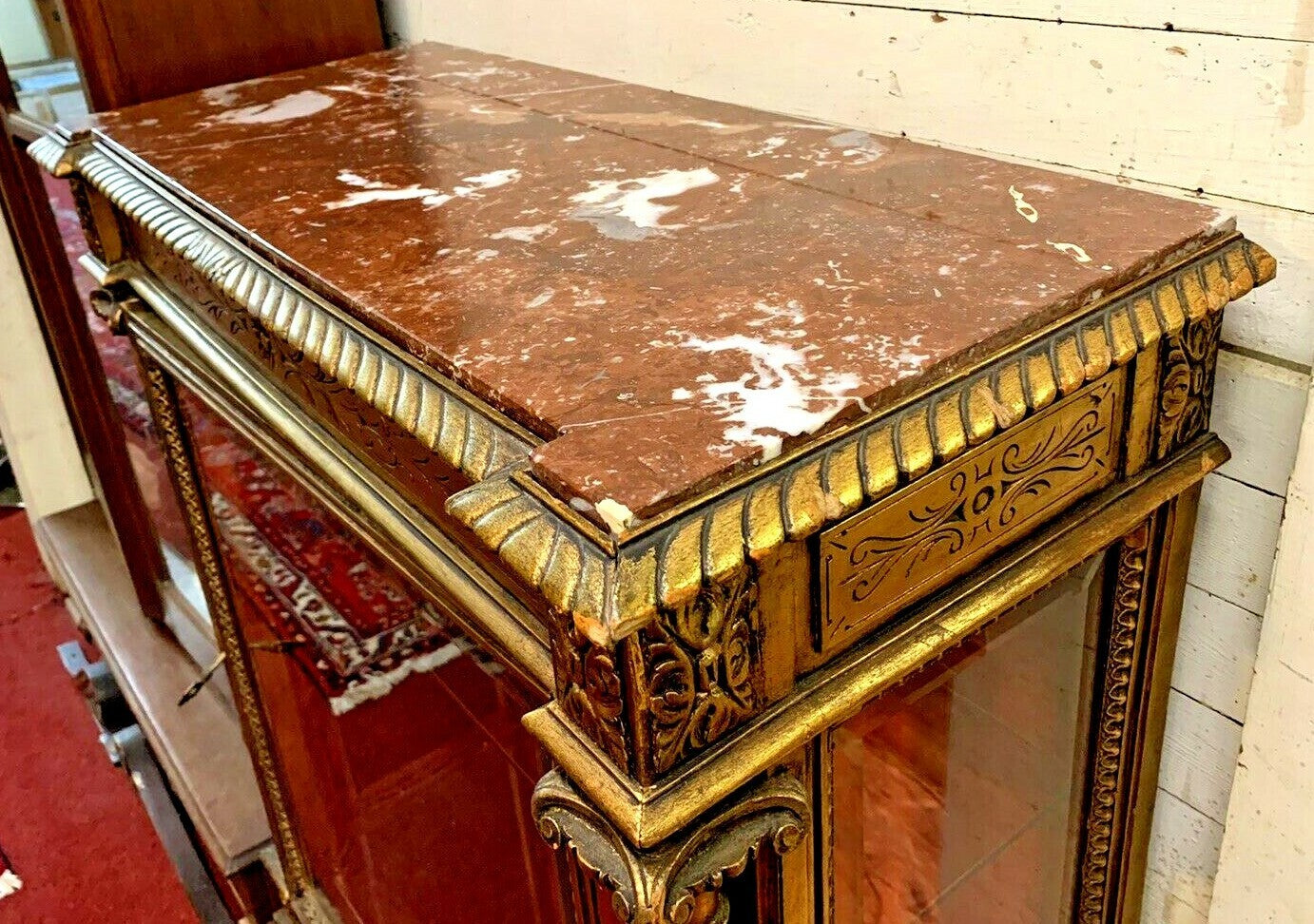 Antique French Gold Gilt Marble Top Vitrine Glass Door and Sides Display Shelves