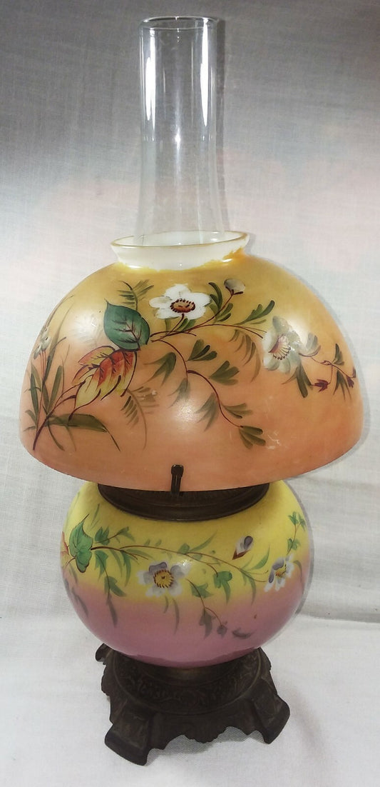Gone with the Wind Style Antique Oil Lamp Handpainted Pink Orange Yellow Floral