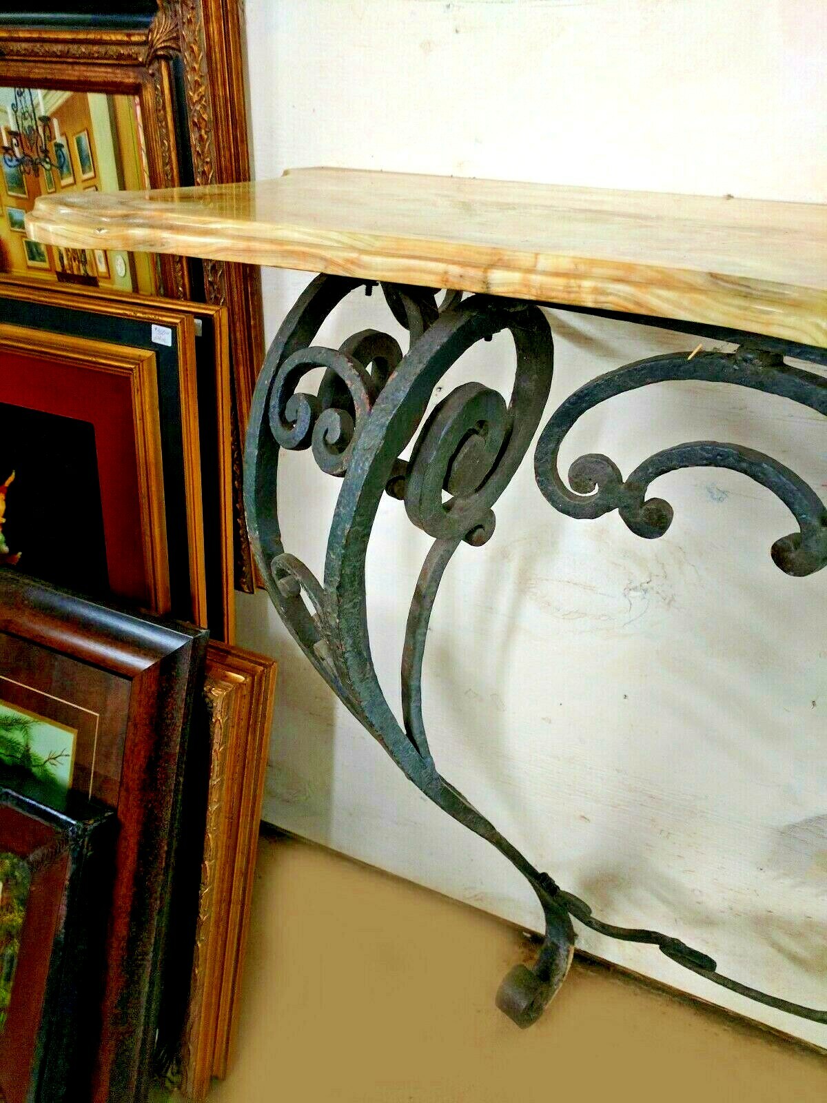Antique French Rococo Style Scrolled Iron Console W61" Marble Onyx Attaches Wall