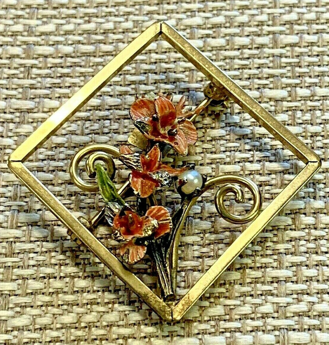 Vintage Dixelle Dainty 12k GF Sterling Trim  Sq Brooch Pin Pearl Enamel Flowers