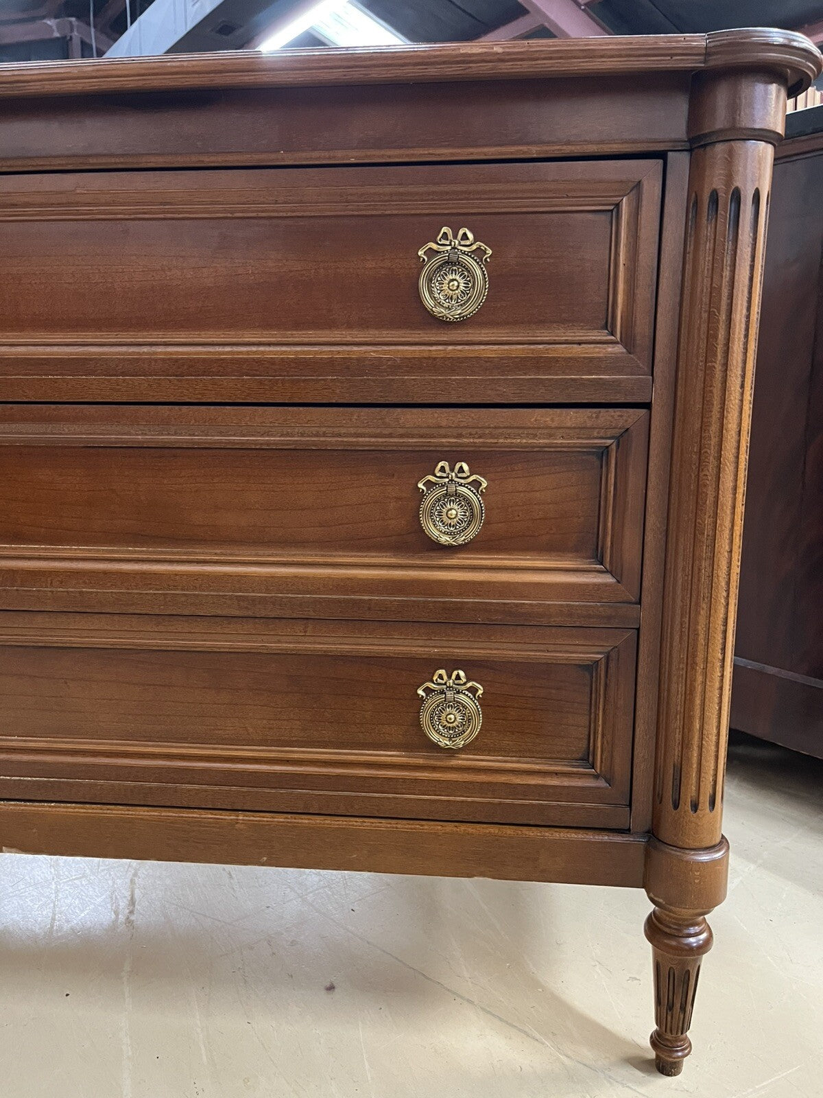 French Louis XVI Cherry Three Drawer Chest Of Drawers Brass Ormolu Pulls 43”