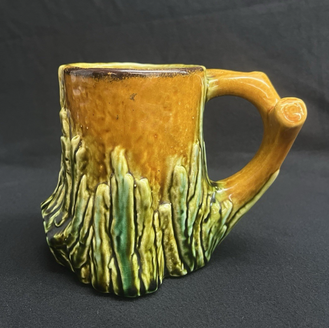 Antique Majolica Tree Trunk Textured Brown and Green Mug 4.5"