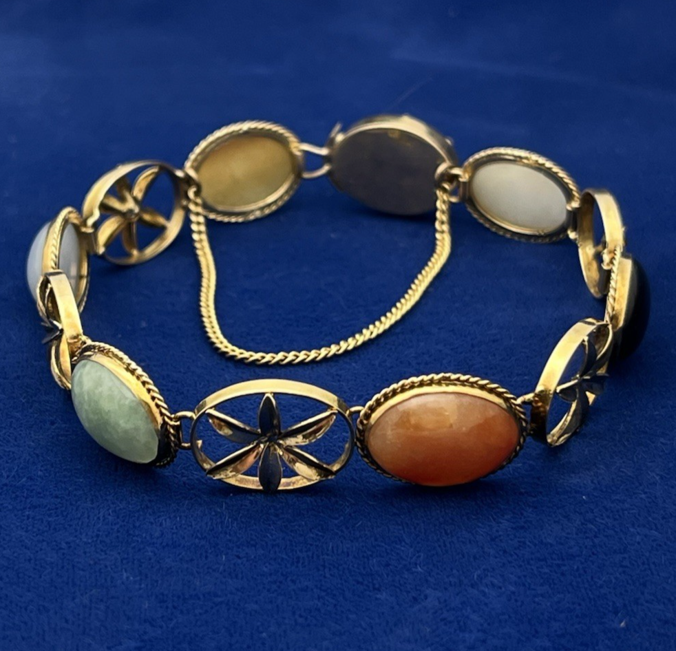 14K Yellow Gold Floral Six Multi Color Oval Cabochon Jade Bracelet 8 in