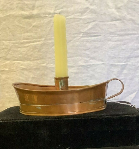 Antique Copper CANDLE HOLDER w Finger Loop Chamber stick 1800's