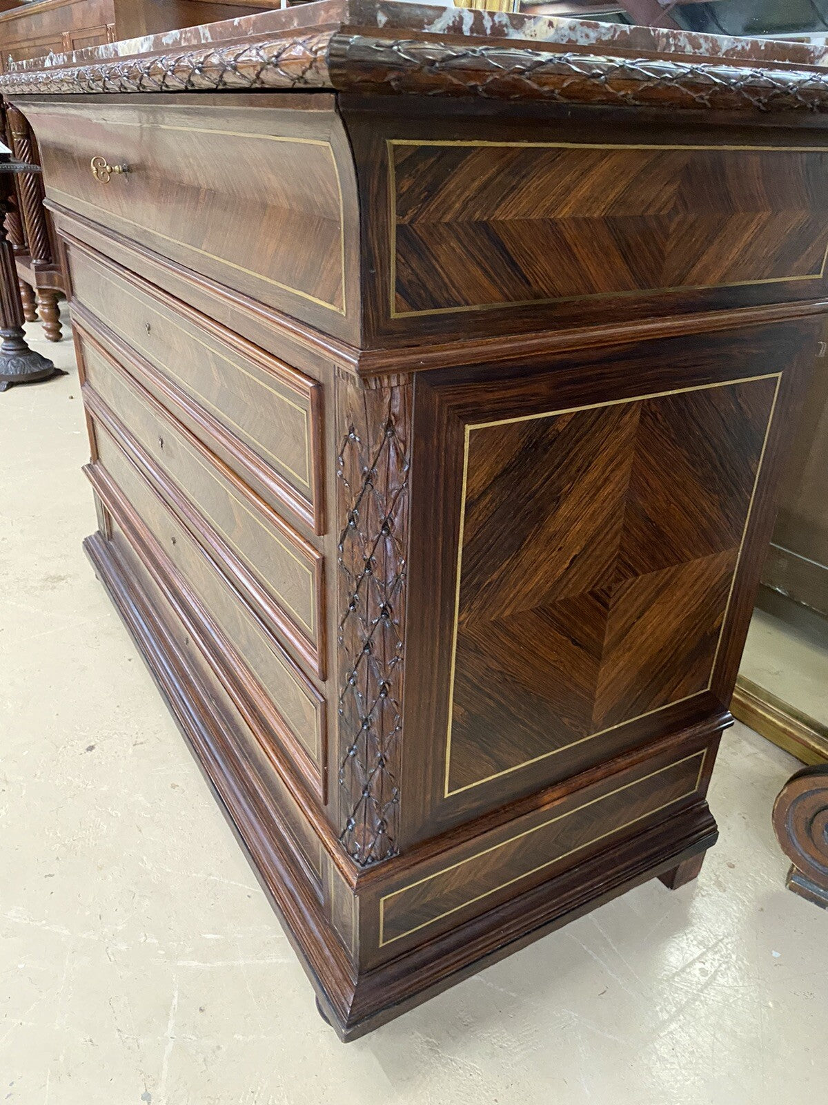 FRENCH MARBLE-TOP ROSEWOOD COMMODE SECRETAIRE CHEST OF DRAWERS