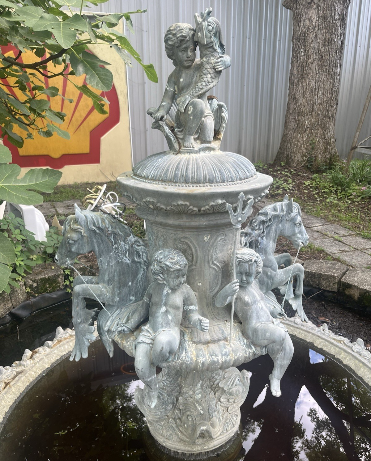 Antique Bronze Ornate Cupids and Horses Water Fountain 57" x 32" NO BASIN PB21