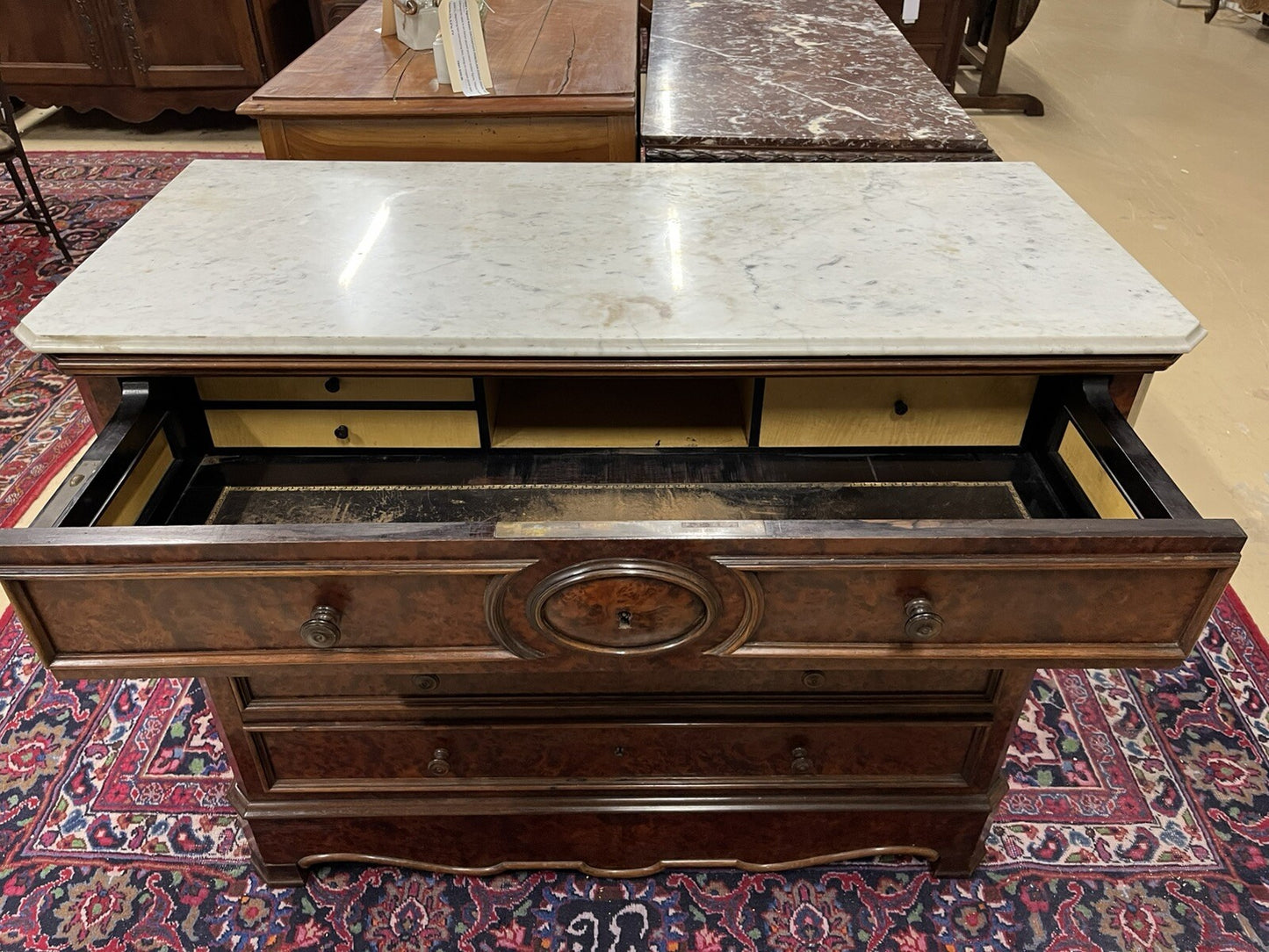 Antique French Louis Philippe White Marble Top Drop Front Secretary Chest Desk