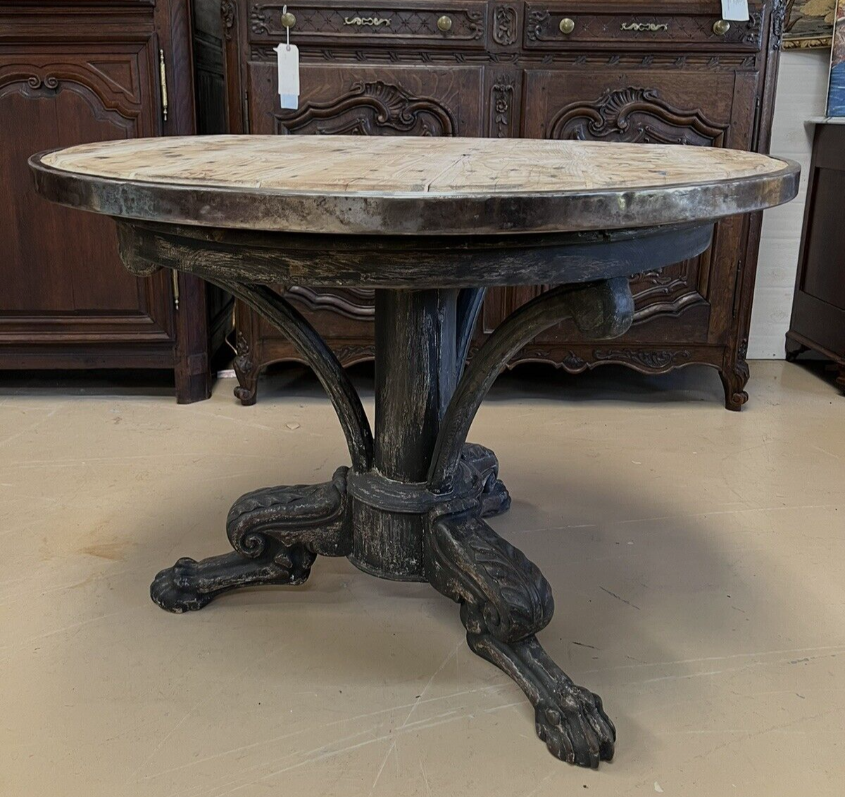 French gueridon table with planked top with stainless edge