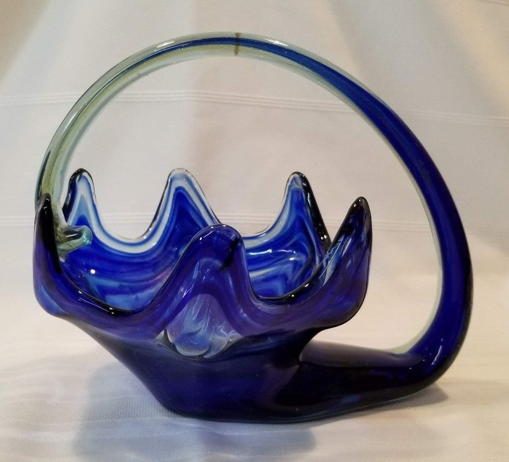 Vintage Hand Crafted Stretch Glass Centerpiece Bowl Cobalt Blue & Clear Glass