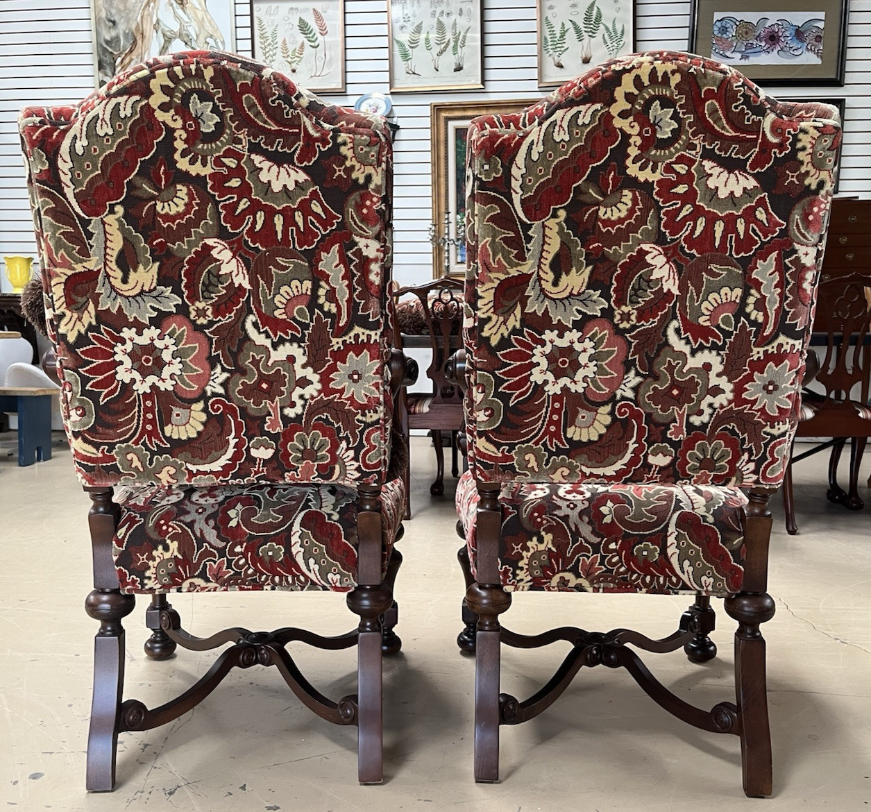 Pair French style  Armchairs  wood carved new upholstery w 2 pillows CL7