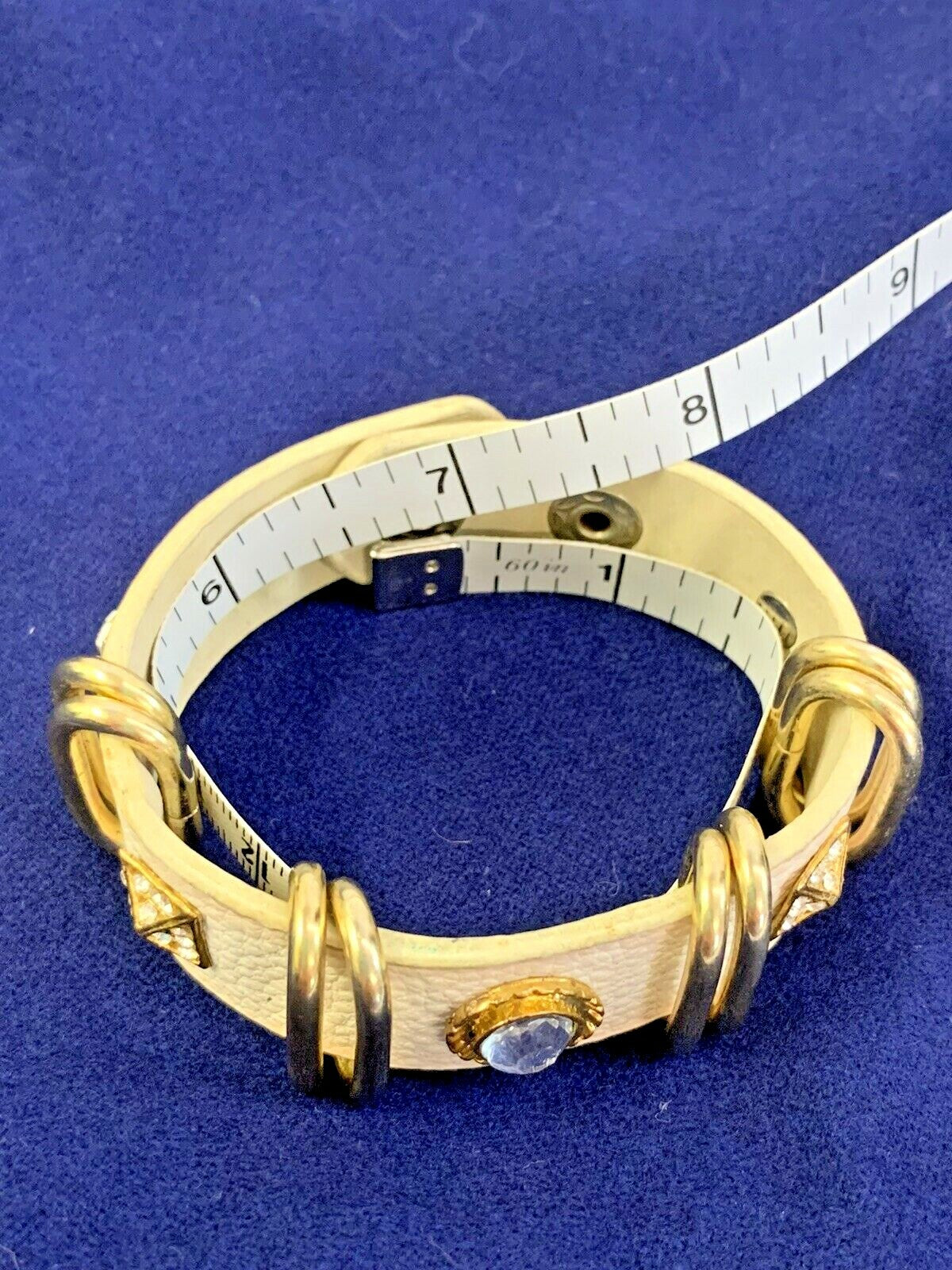 Yik Fung Genuine Leather Clear Rhinestone Studded Gold Tone Snap Bracelet