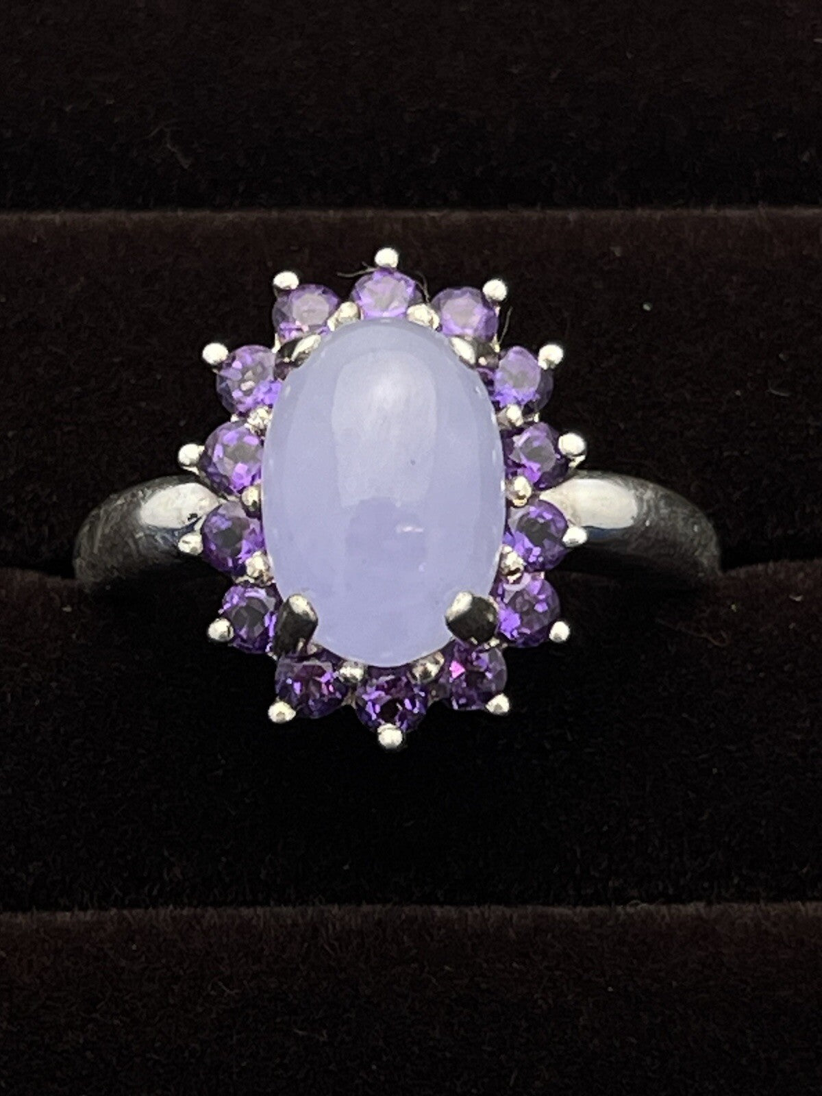 Sterling Silver Lavender Jade Ring with Halo of 14 Amethyst