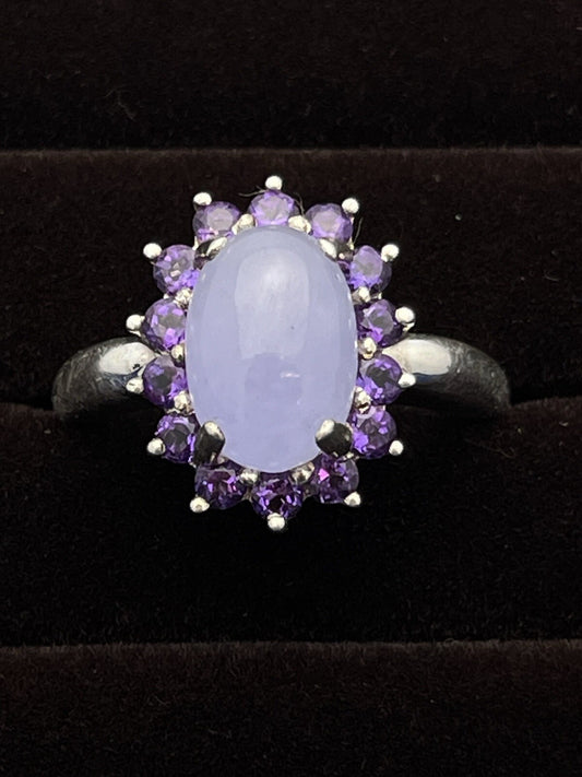 Sterling Silver Lavender Jade Ring with Halo of 14 Amethyst