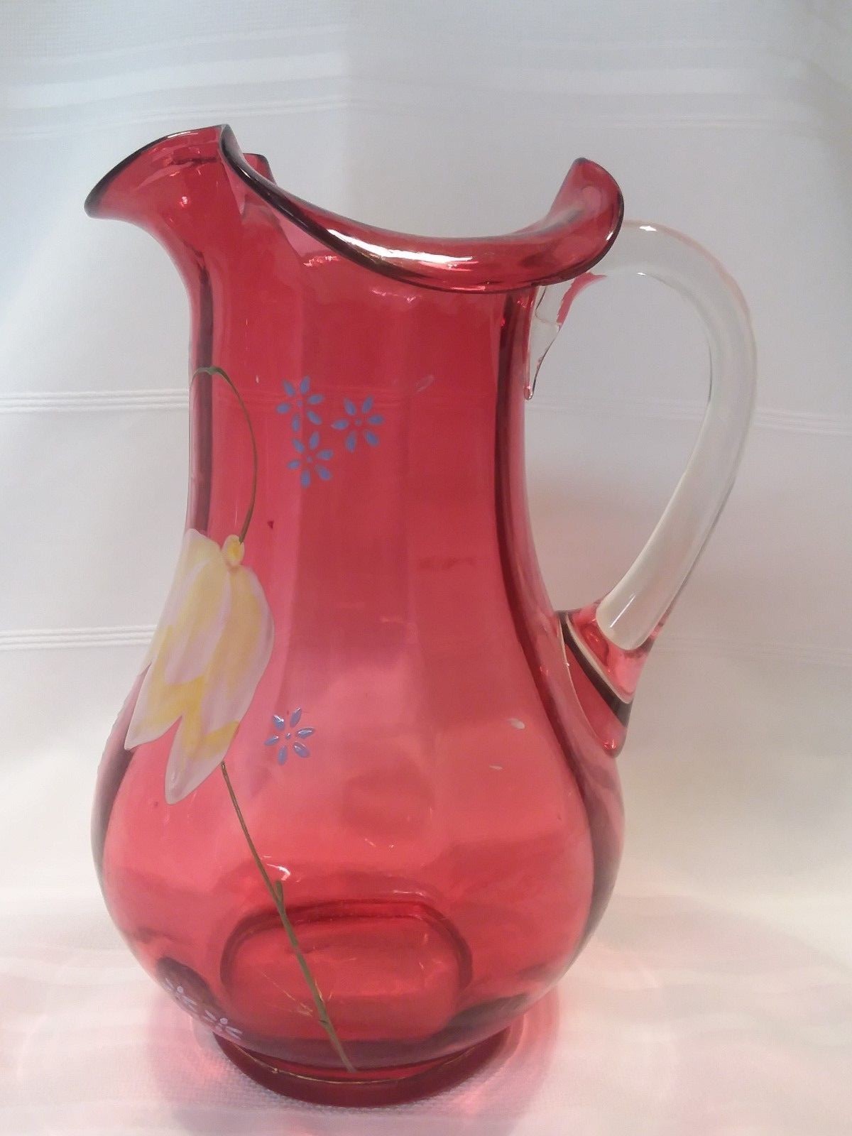 Antique Victorian  Cranberry Glass 9.5" Pitcher  Enameled w Yellow Tulip 100+yrs