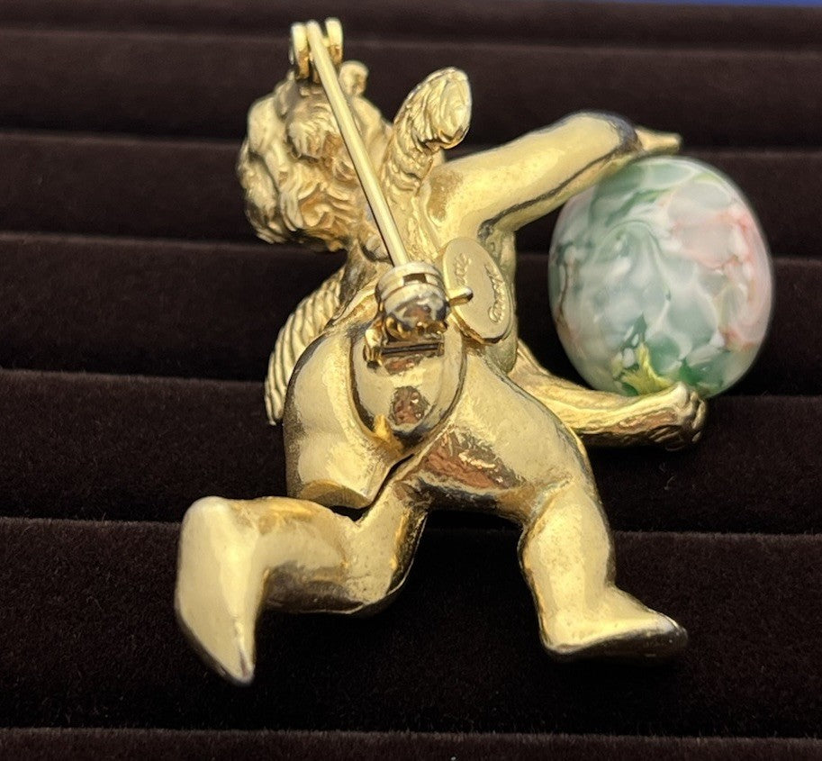 Rare Hattie Carnegie Cherub Brooch Pin Clutching lg Oval Faux Swivel Stone 1950