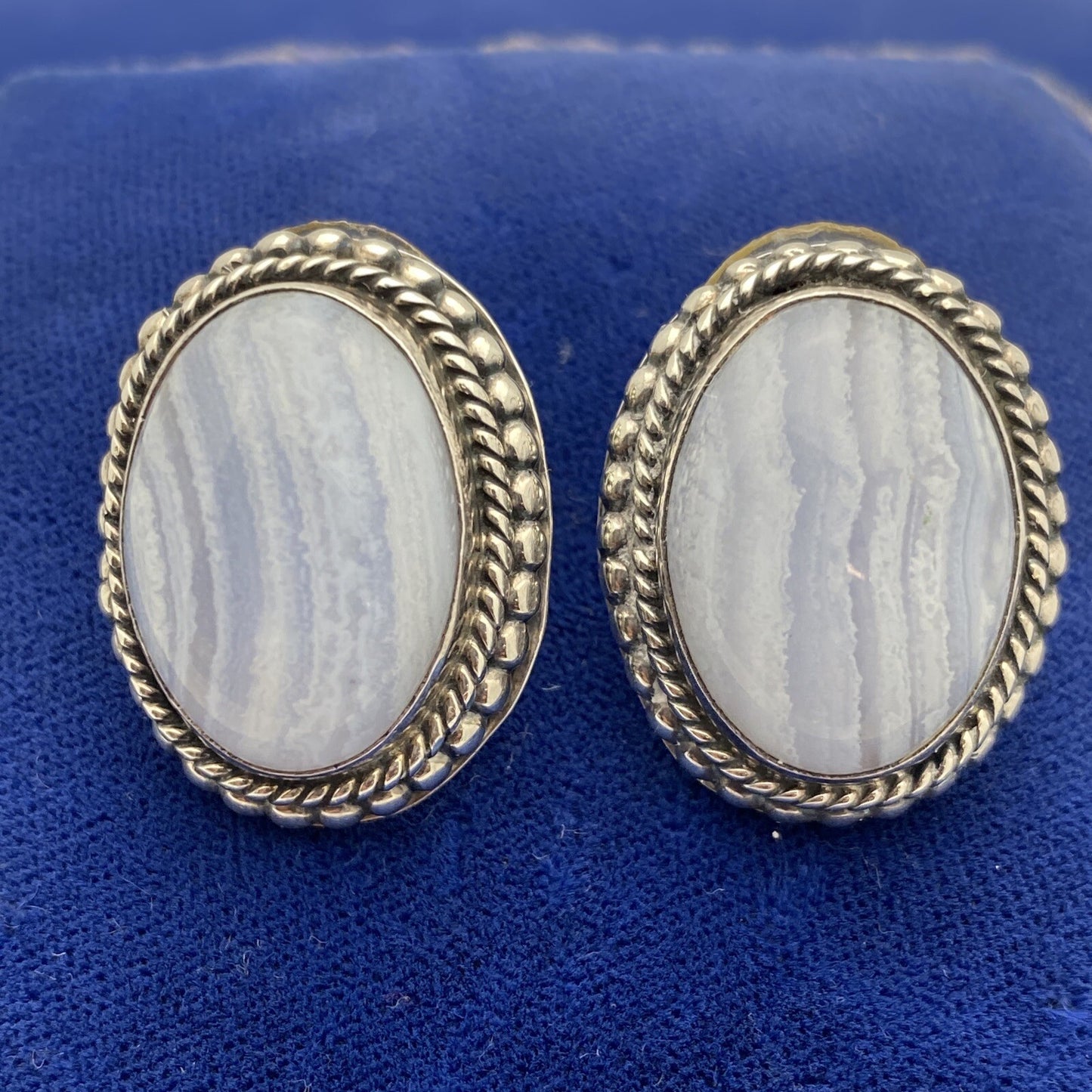 Sterling Silver 925 Granado Blue Agate Stud Earrings 14.5g