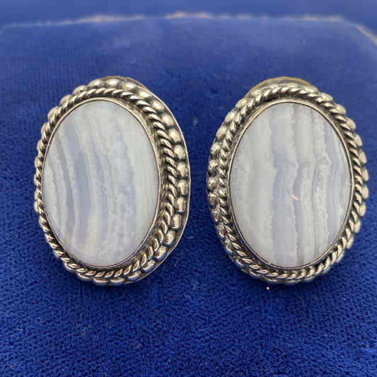 Sterling Silver 925 Granado Blue Agate Stud Earrings 14.5g