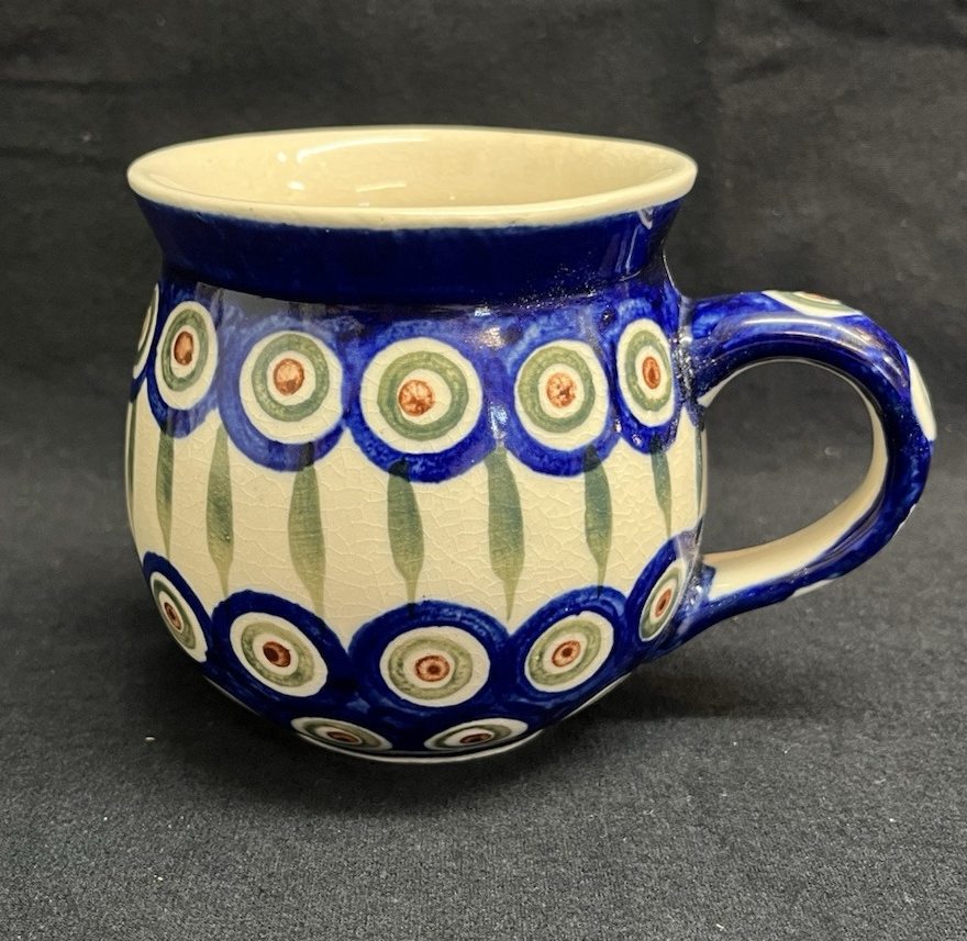 Boleslawiec Polish Pottery Belly Mug, Peacock Pattern, 3.75 in,  6 mugs avail