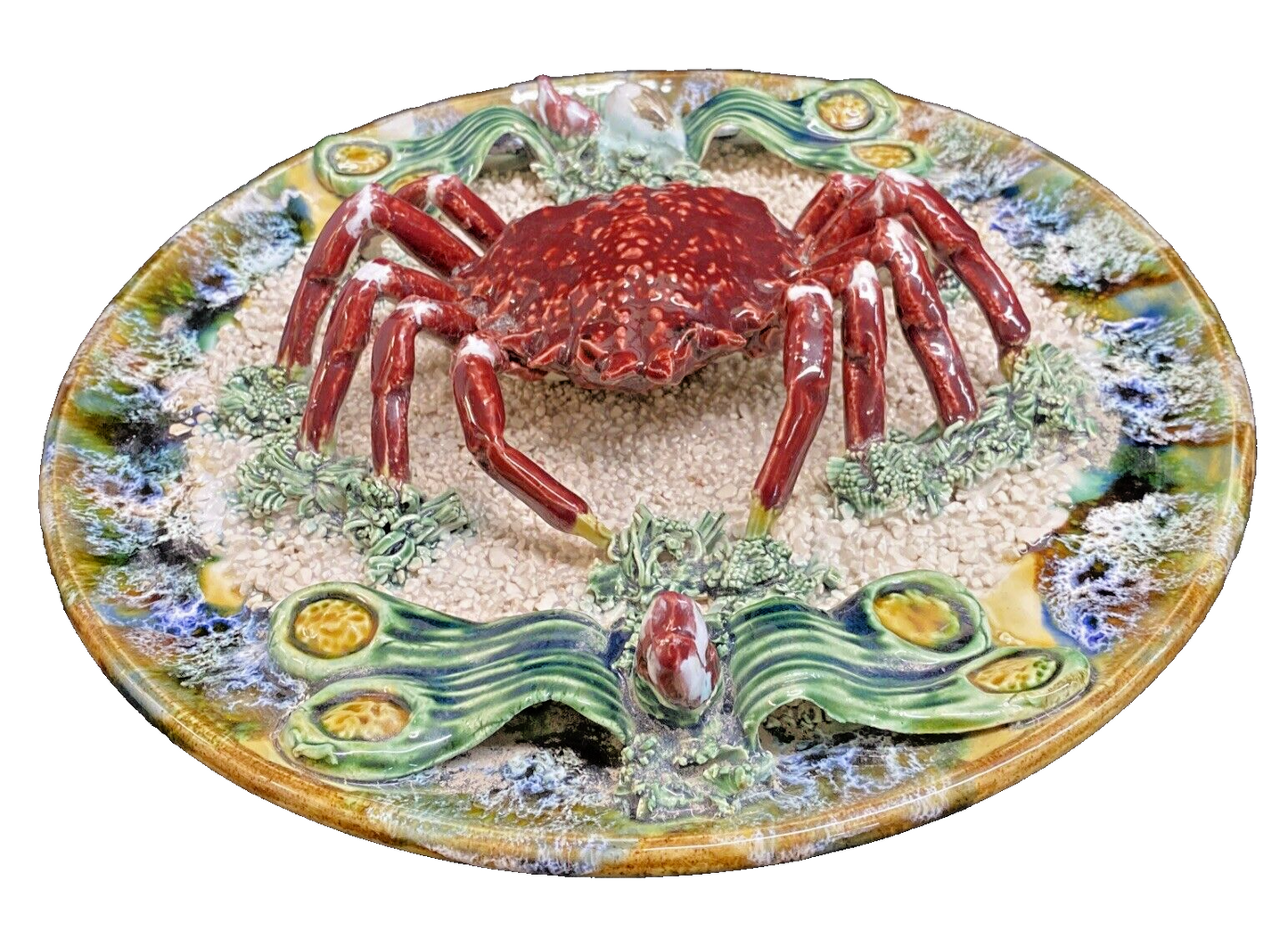 12" Antique Portugal Palissy Majolica Realistic Spider Crab Plate F. Mendes KM9