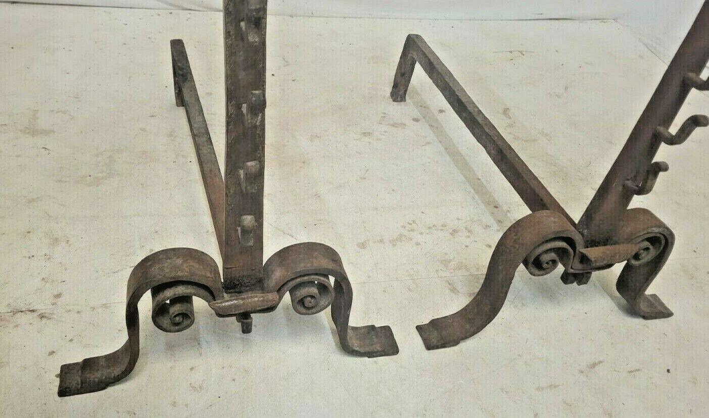 Pair Antique French Forged Iron Basket Top Cressset Andirons Fireplace Spit Dog