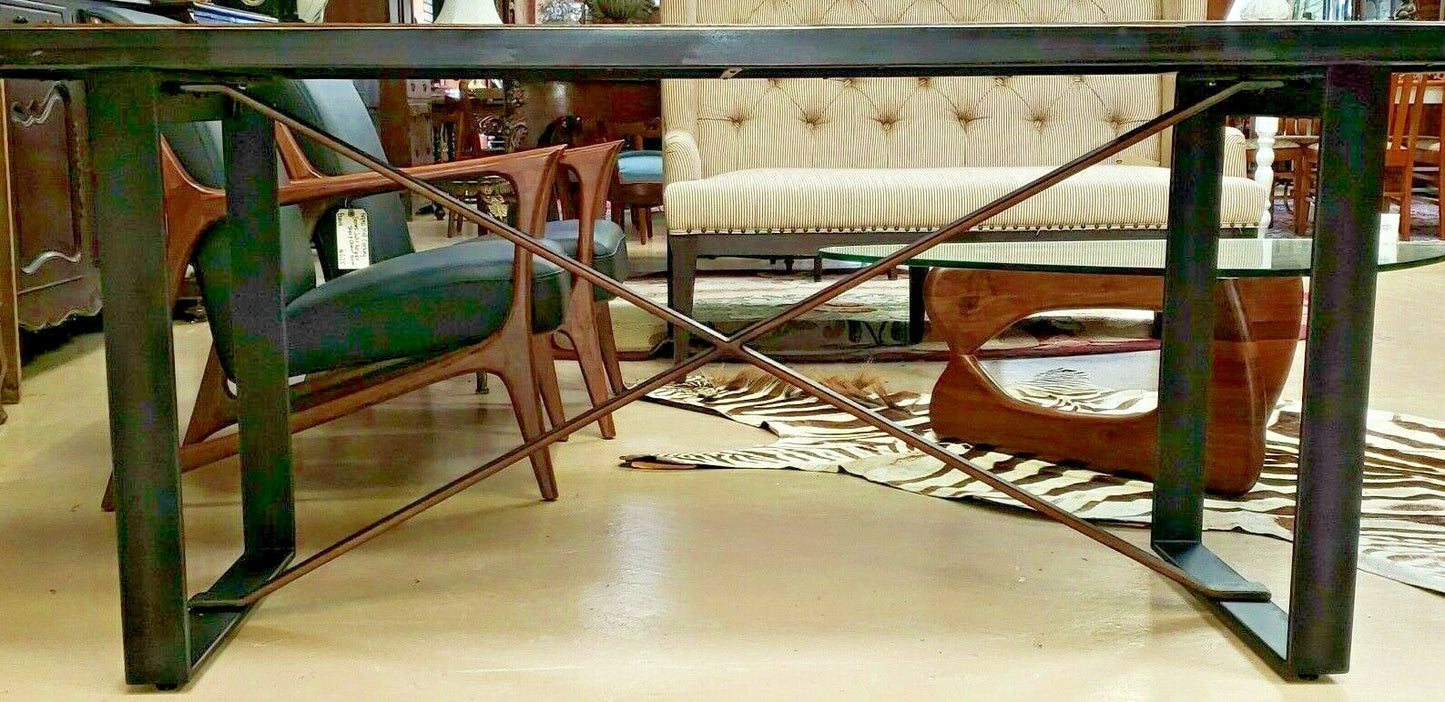 Restoration Hardware Style Metal Reclaimed Wood Table X Stretcher Dining Table