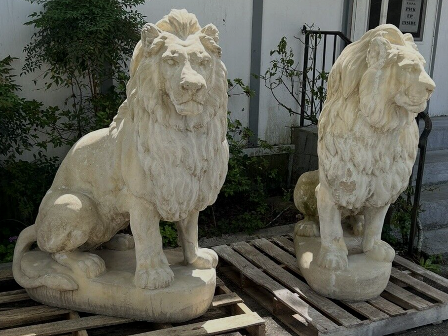 Full Size Large Pair of Belgian Cast Stone Entry Seated Lions Entrance Driveway
