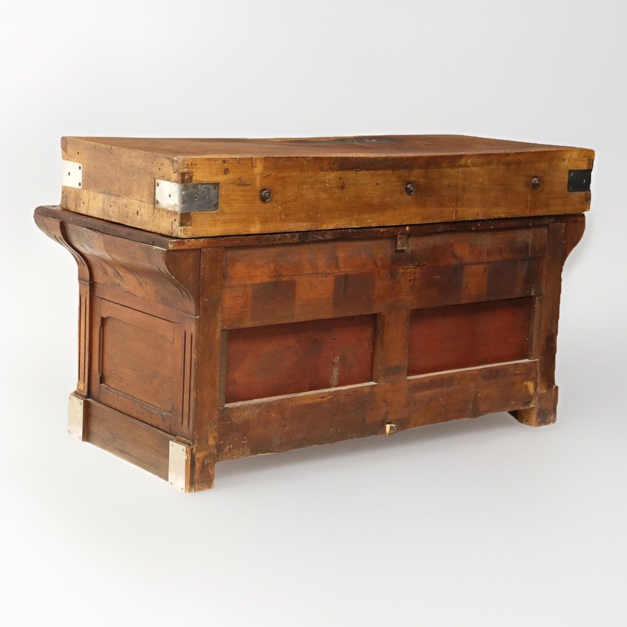 ANTIQUE FRENCH CARVED MIXED WOOD BUTCHER'S BLOCK WORK TABLE ISLAND 61" x 21"