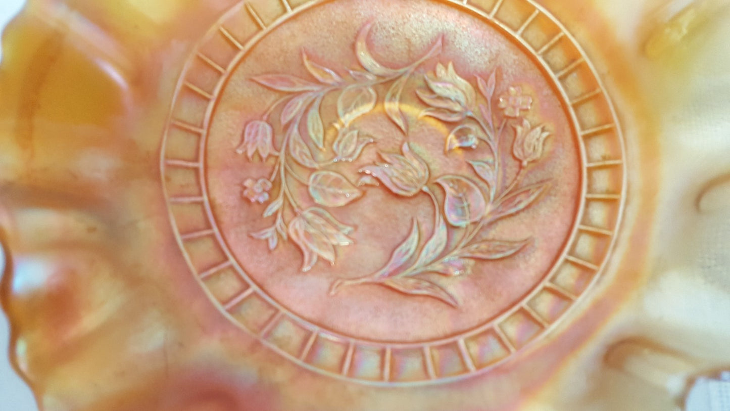 Vintage Dugan Marigold WINDFLOWER Carnival Glass 8 1/2" Ruffled Bowl