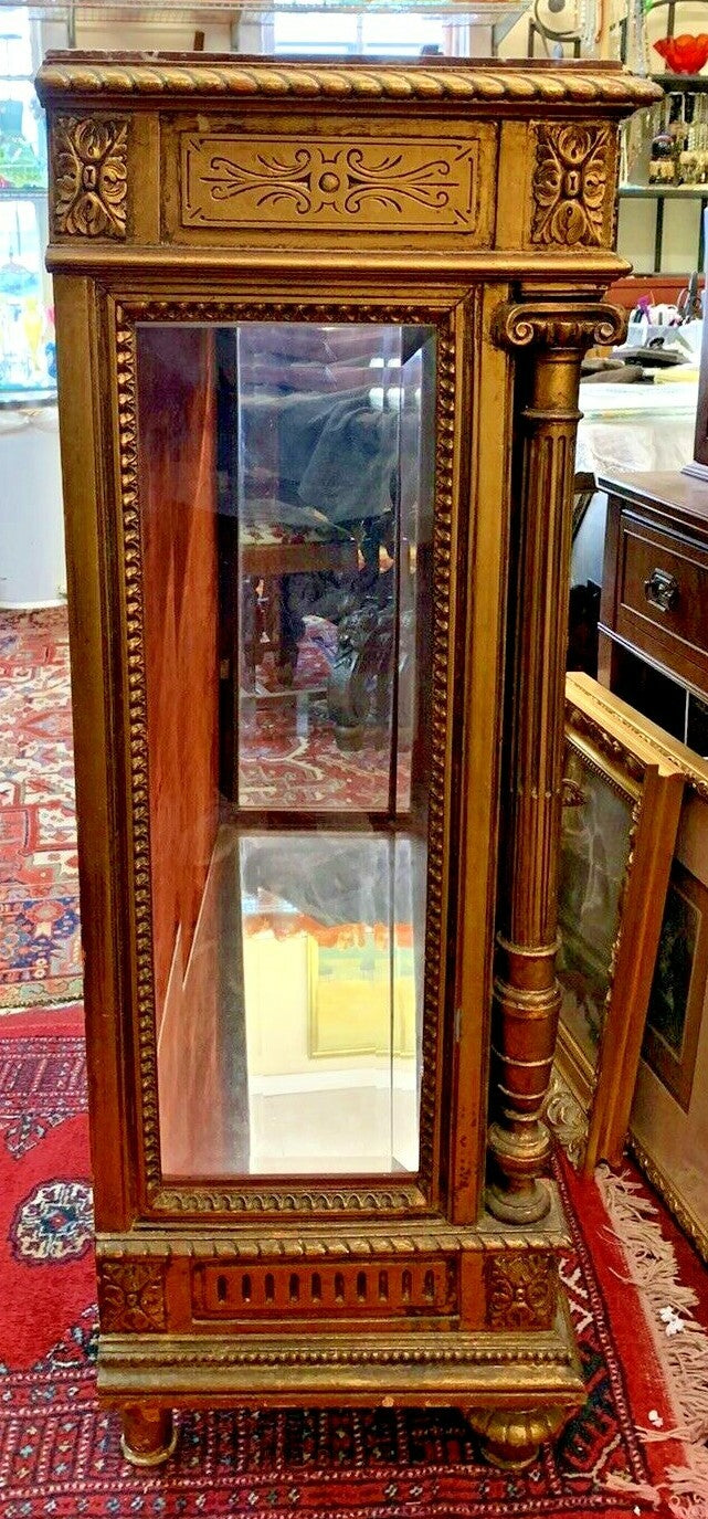 Antique French Gold Gilt Marble Top Vitrine Glass Door and Sides Display Shelves