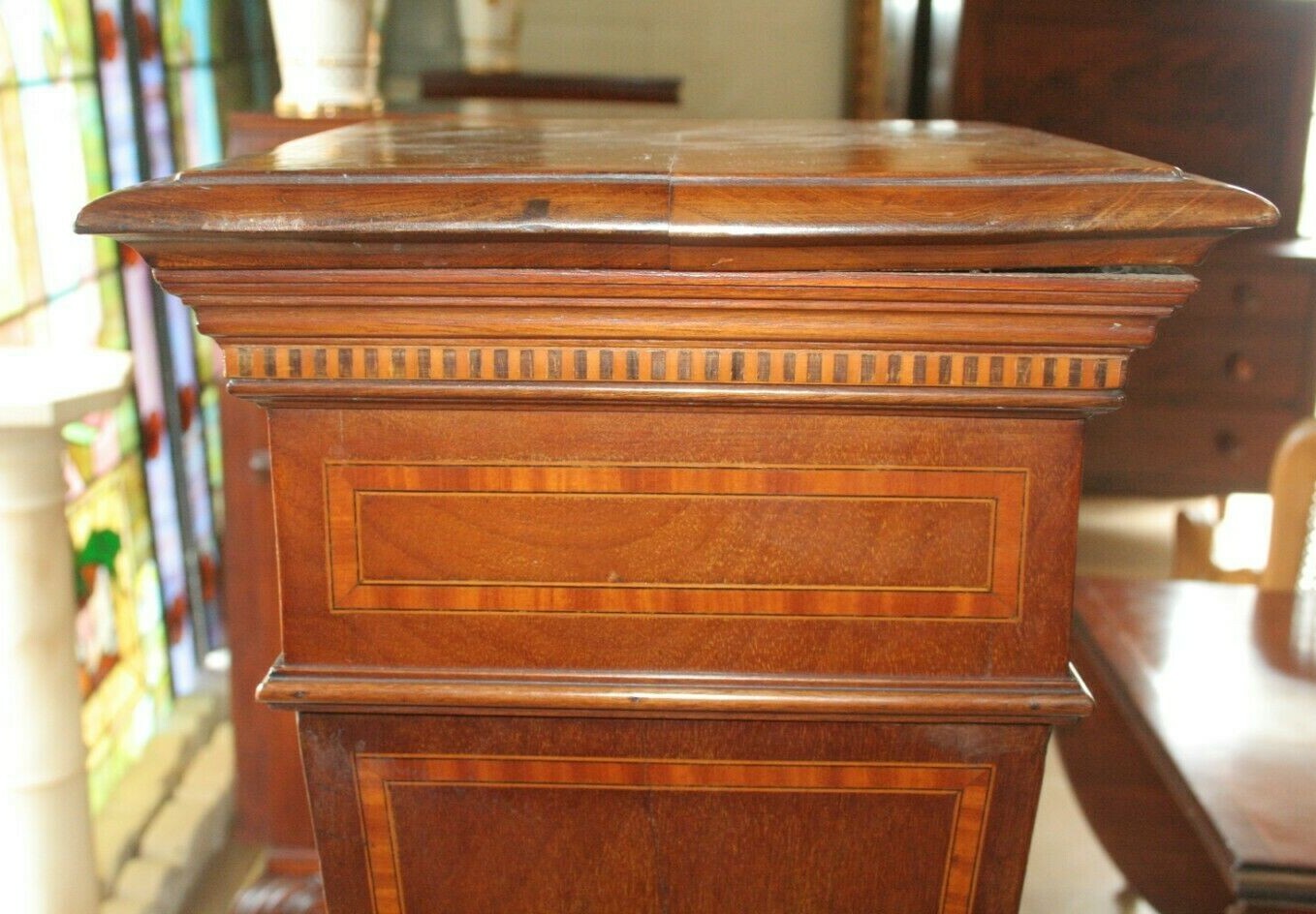 Antique Walnut French Pedestal Display Inlaid H 47" x 13.5" Square Top