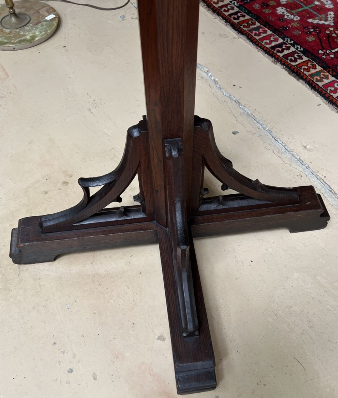 Antique French Gothic Revival Carved Oak Round Pedestal Rotating Coat Tree Rack