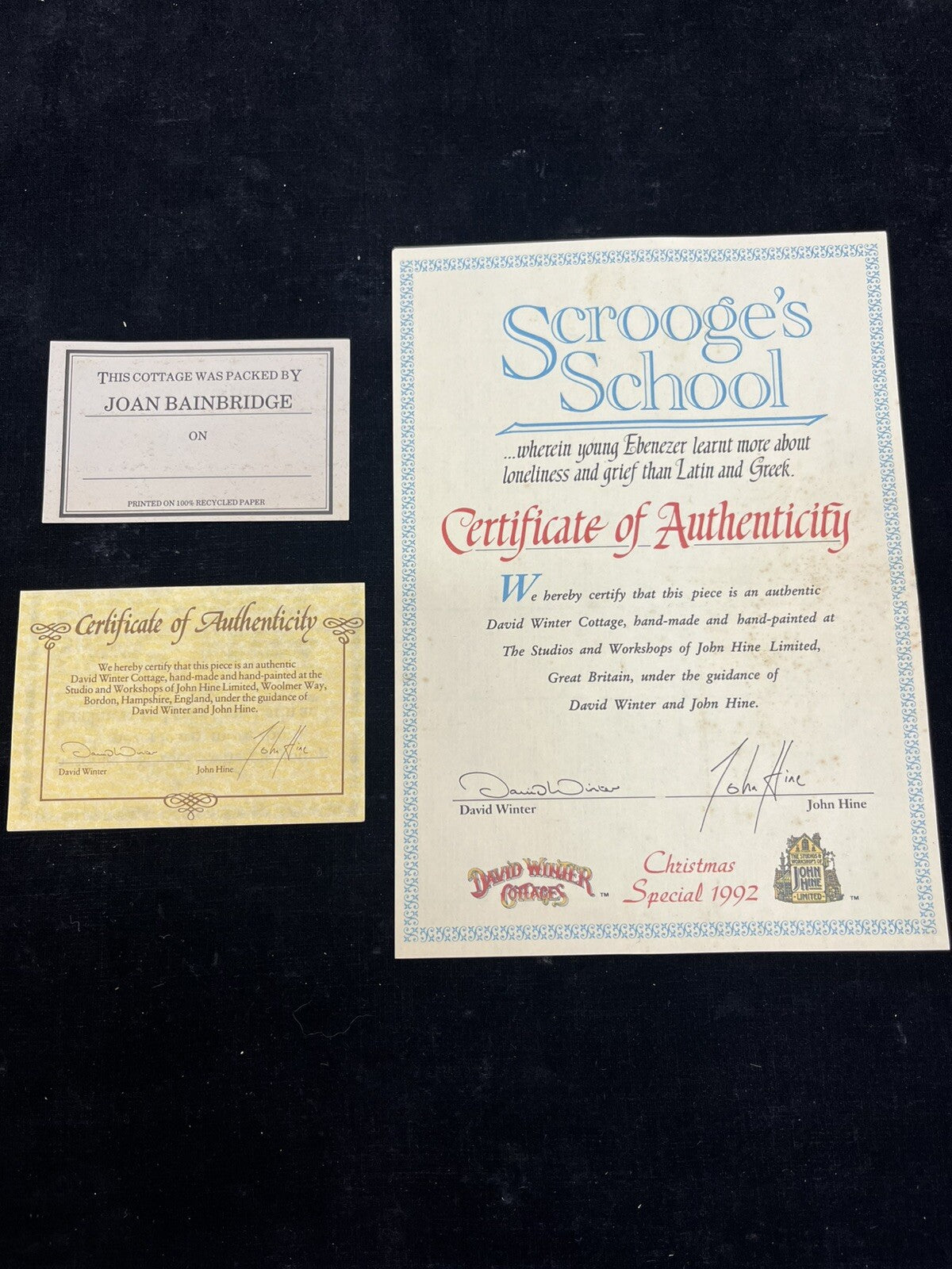 David Winter Cottages Scrooge's School John Hine Studios Christmas 1992 Box COA