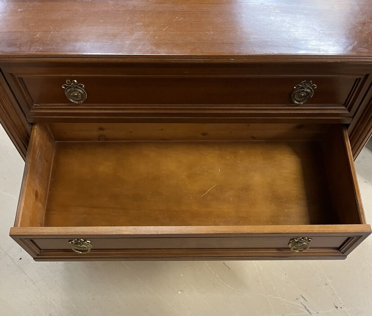 French Louis XVI Cherry Three Drawer Chest Of Drawers Brass Ormolu Pulls 43”