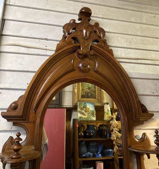 101" Tall Antique American Victorian Walnut Hall Tree Etagere w Mirror & Marble