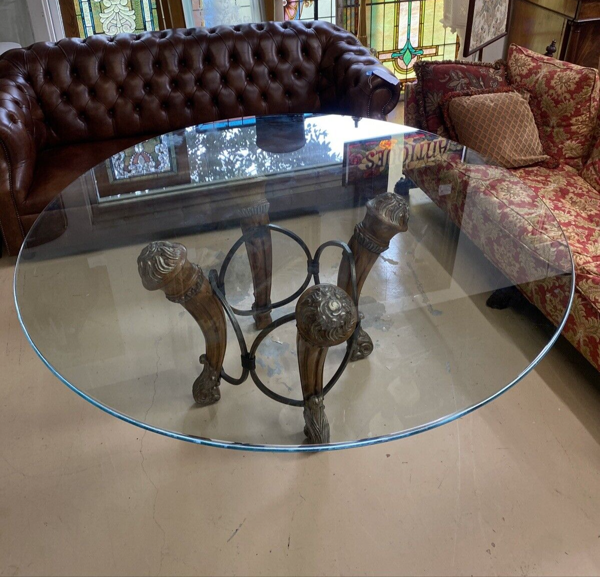 68" Round LARGE CONTEMPORARY GLASS-TOP Dining TABLE 4wood Carved & Iron Supports