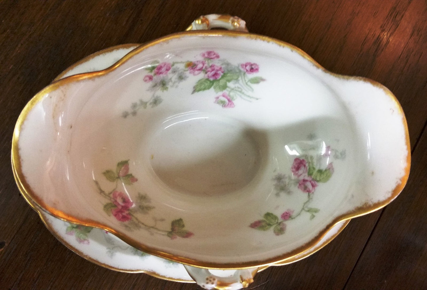 T Haviland  Gravy Boat w U Plate Pink Roses/Green Leaves/Sm Gray Flowers S161V