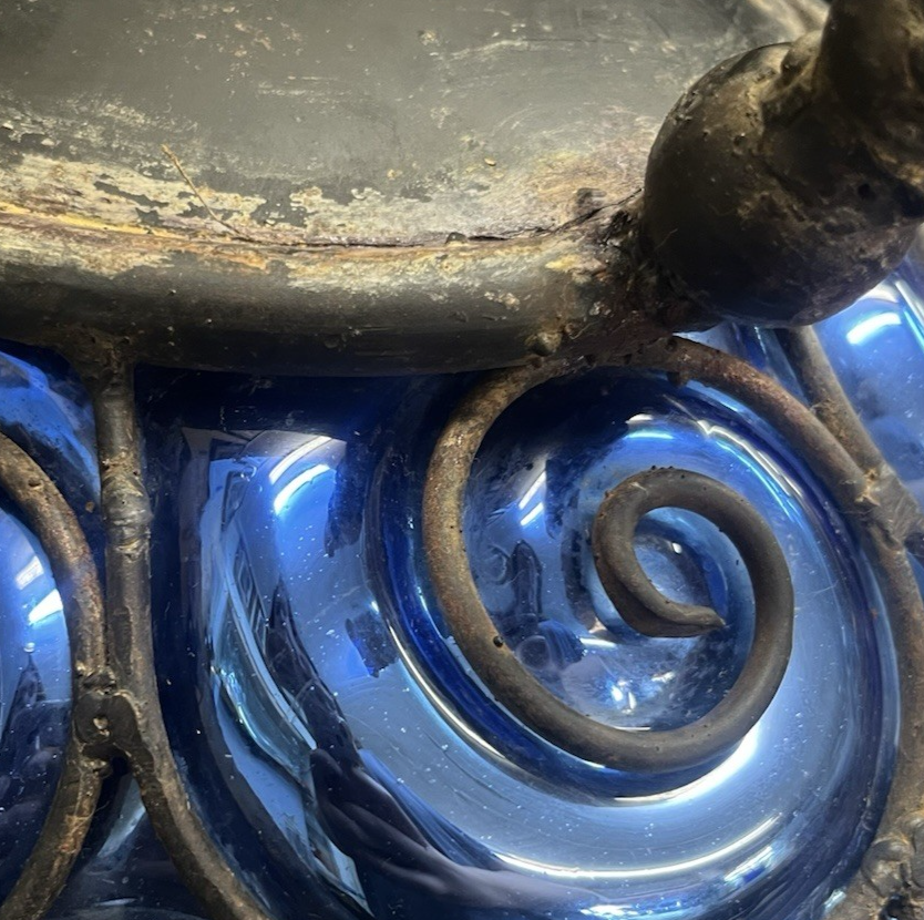 Murano Style Round Cage Bubble Blown Cobalt Blue Iridescent Glass Sculpture 13"