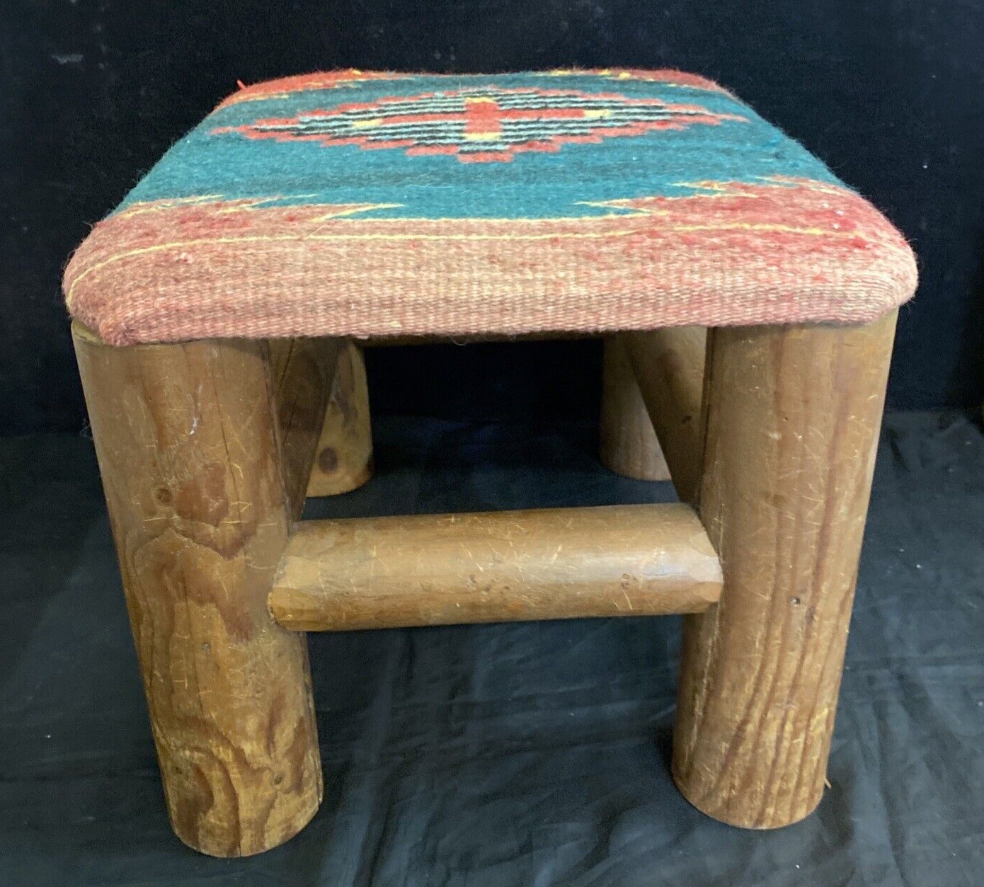Rustic 11" Log Stool Handtied Navajo Cover Handmade Southwest Decor