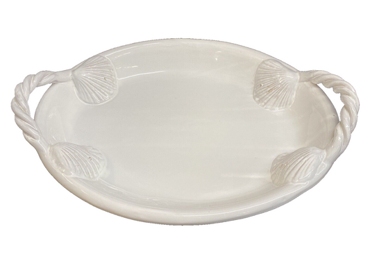 Large White Unmarked Seashell Rope Handle Serving Platter 57/60 Italy