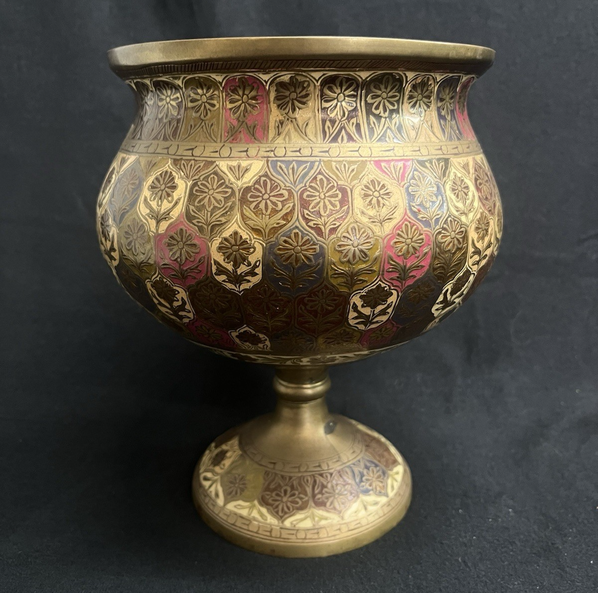 PB19 Pair of Indian Moorish Spun Brass Cloisonne Enamel Pedestal Planters 8.25"