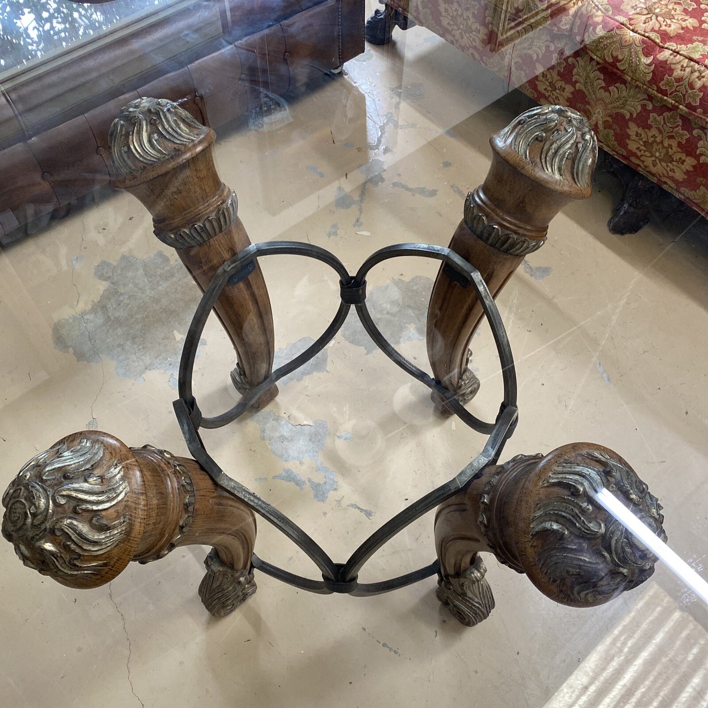 68" Round LARGE CONTEMPORARY GLASS-TOP Dining TABLE 4wood Carved & Iron Supports