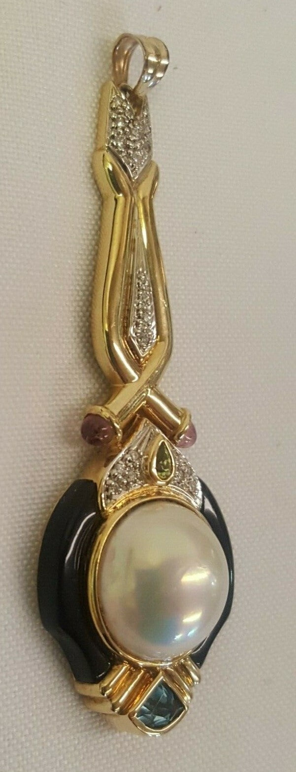 14k Mabe Pearl & Black Onyx Pendant w Amethyst Peridot Aquamarine Diamonds 14.7g