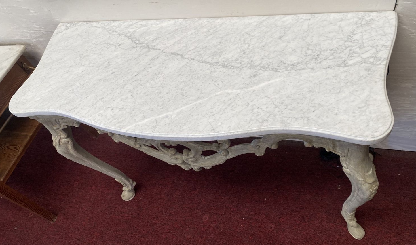 Antique Italian Pierced & White Washed Console Table w/ Marble Top