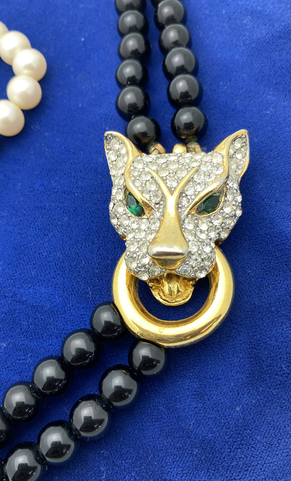 Vintage High End Black Panther Enamel Rhinestone Glass Faux Pearl Necklace