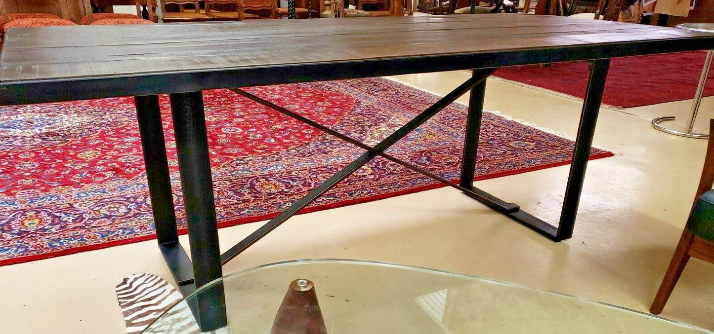 Restoration Hardware Style Metal Reclaimed Wood Table X Stretcher Dining Table
