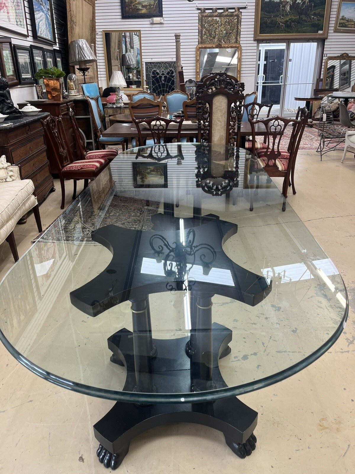 120" Glass Top Baker Furniture Co Black Lacquered Double Pedestal Table Paw FS3