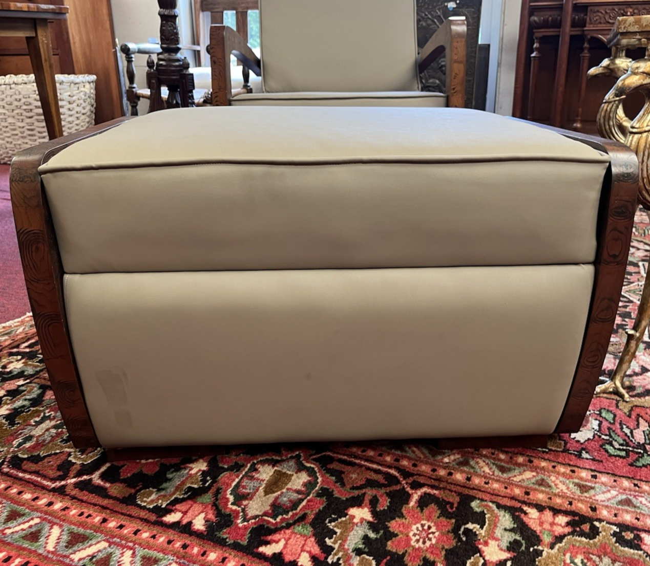 PAIR OF ART DECO STYLE UPHOLSTERED ARMCHAIRS & OTTOMANS