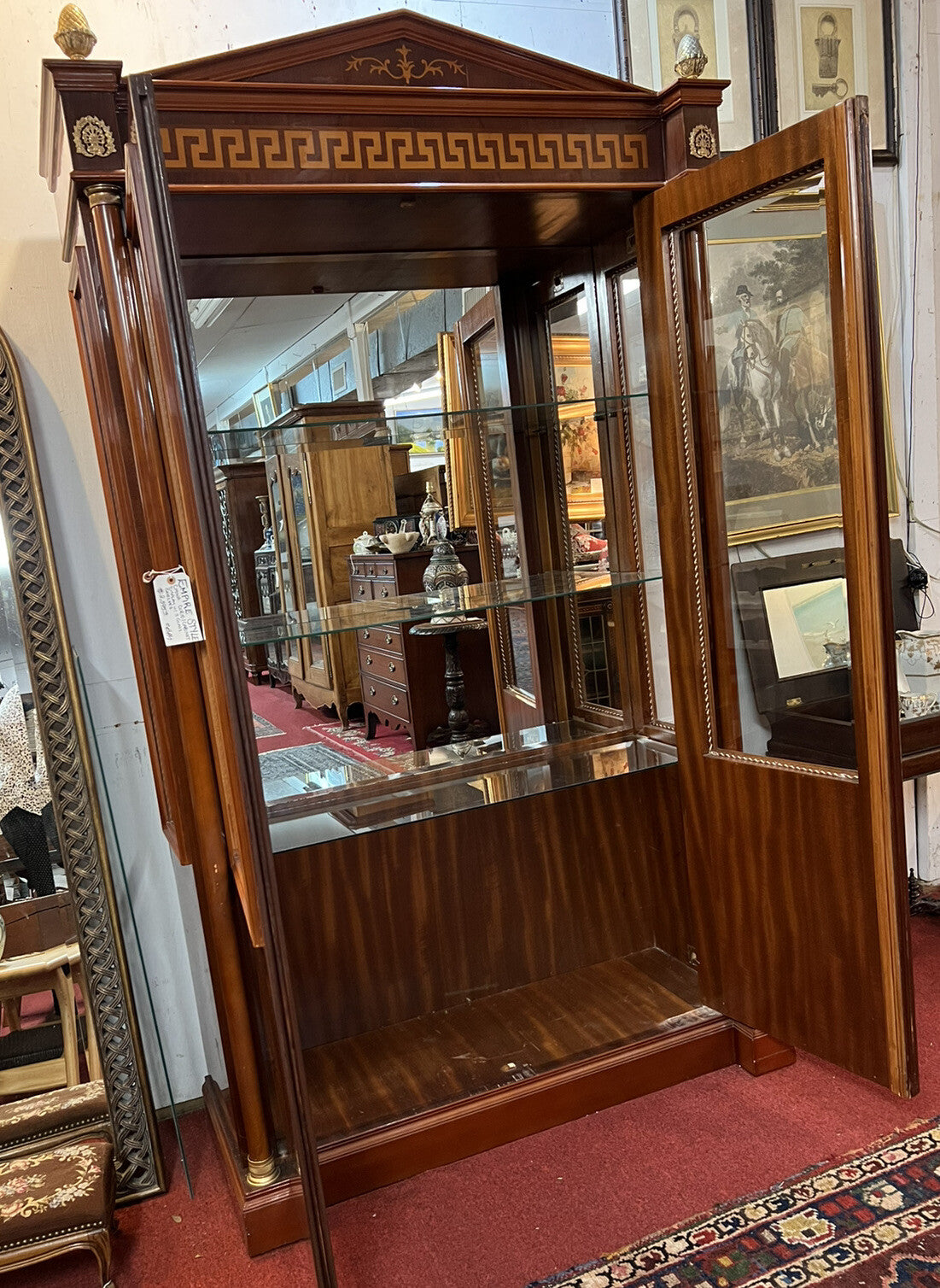 French Empire 2 Door Cabinet w Glass Shelves Inlaid Designs