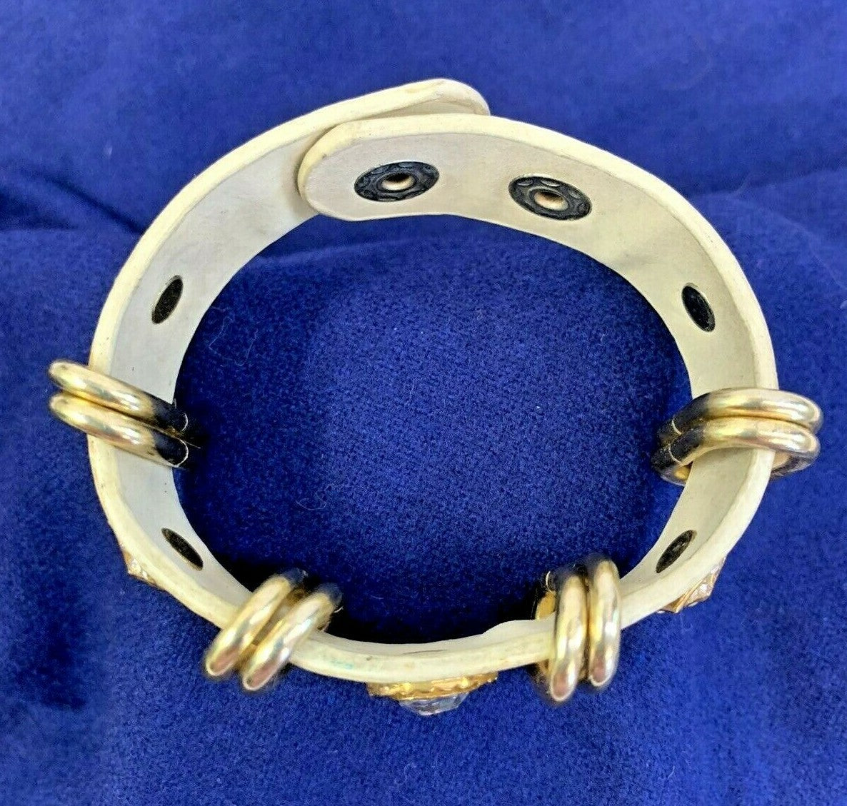 Yik Fung Genuine Leather Clear Rhinestone Studded Gold Tone Snap Bracelet